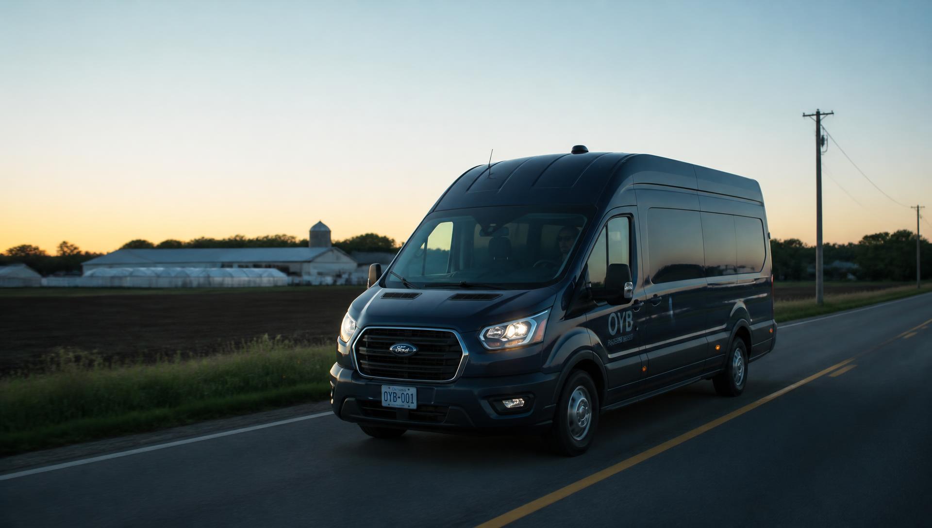 Rideshare van travelling a country road near Leamington, Ontario at sunrise